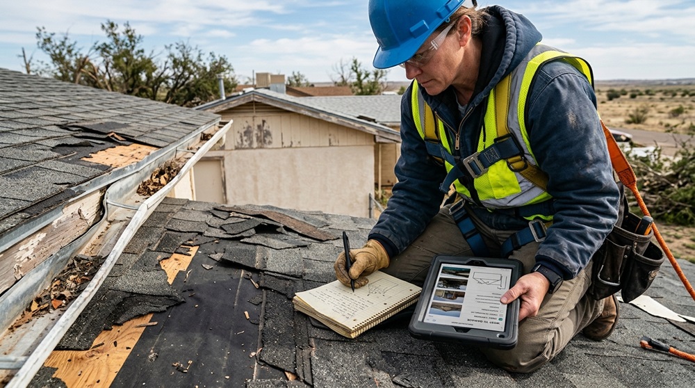 Contractor documenting storm damage on West Texas roof and gutters
