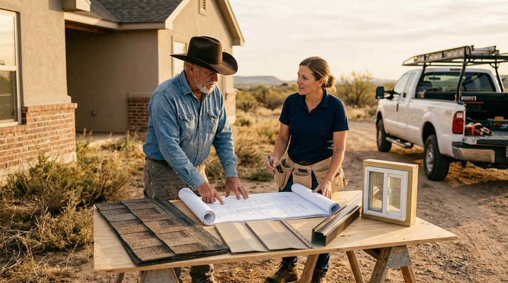 West Texas property owner reviewing exterior project plan with contractor