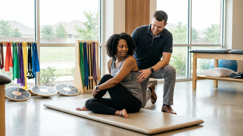 Patient performing supervised mobility exercises as part of chiropractic rehabilitation in DeSoto