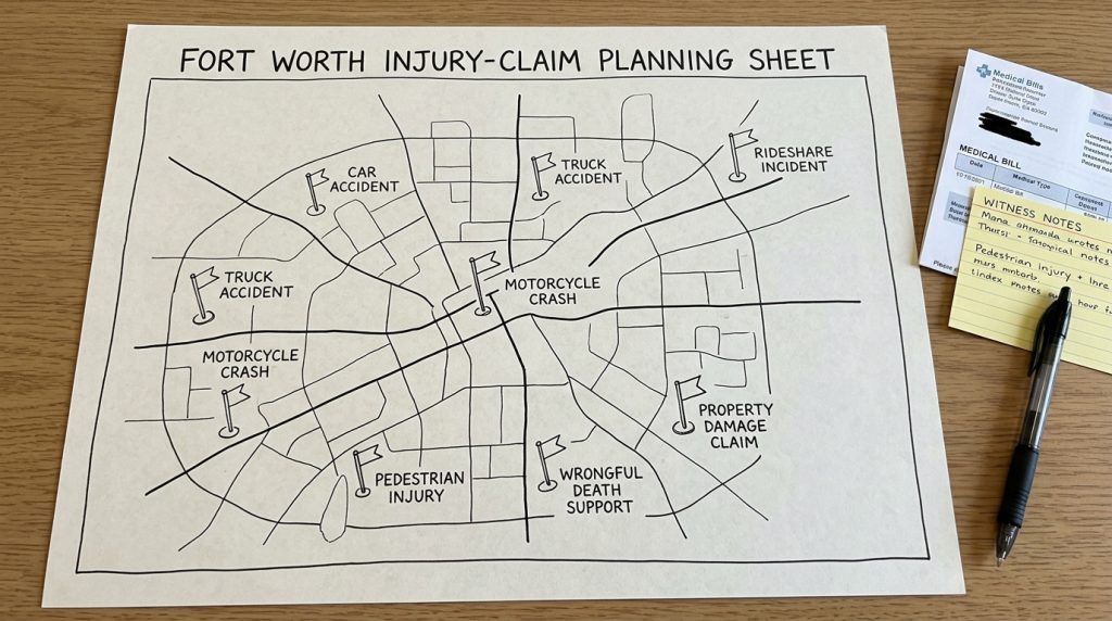 Fort Worth injury claim planning map with car truck rideshare motorcycle pedestrian and property claim notes