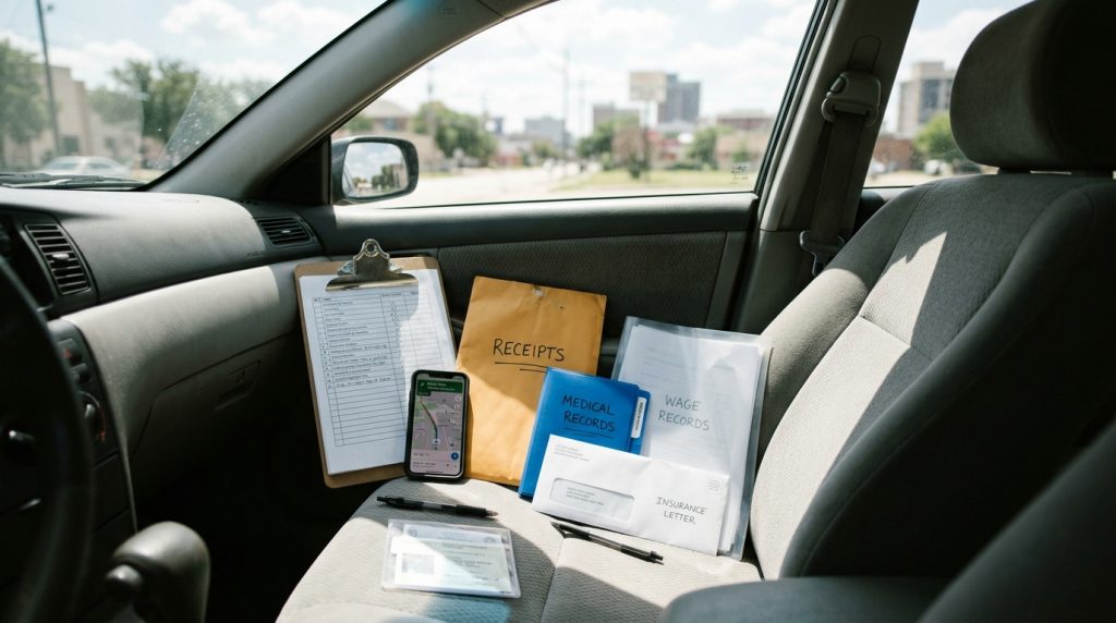 Fort Worth injury claim resource kit with checklist medical folder receipts insurance letter and phone directions