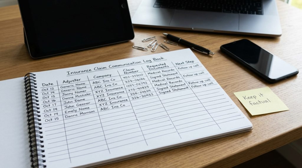 Insurance claim communication log with adjuster claim number document and next step columns
