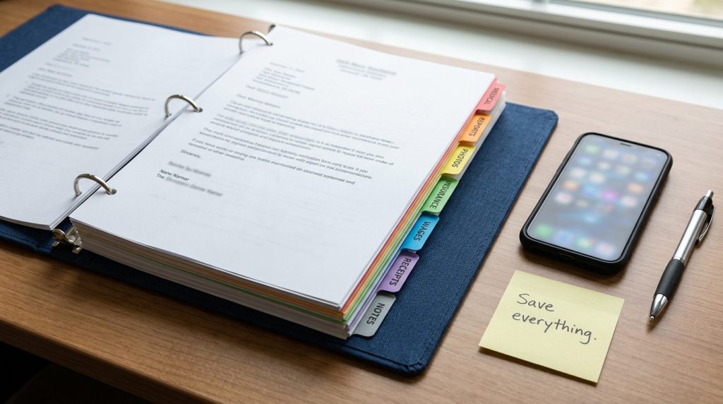 Organized injury claim binder with medical reports photos insurance wages and receipts
