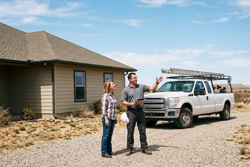 Roofing and exterior contractor meeting with West Texas property owner