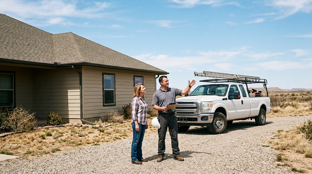 Roofing and exterior contractor meeting with West Texas property owner