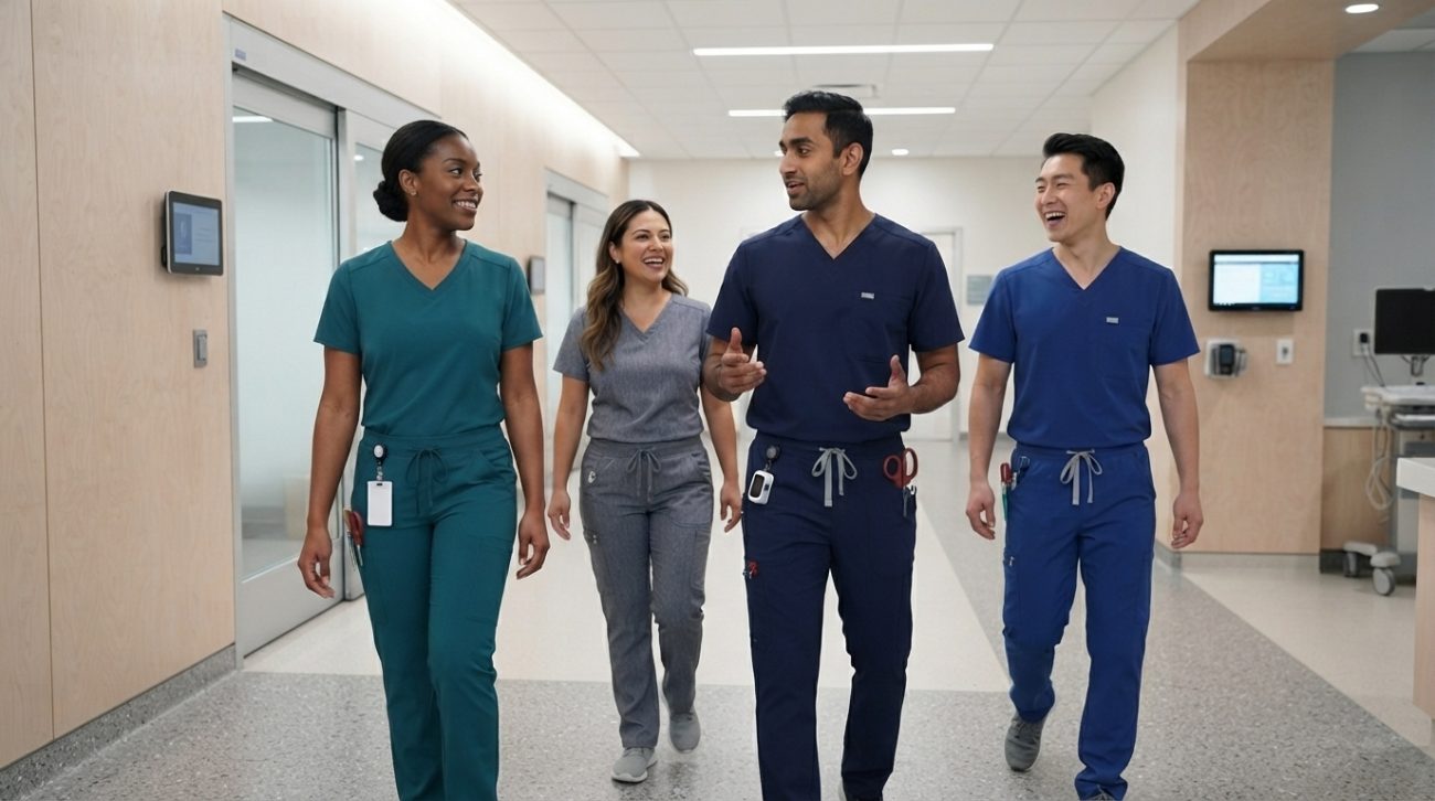 Nurses wearing comfortable professional scrubs during an active hospital shift