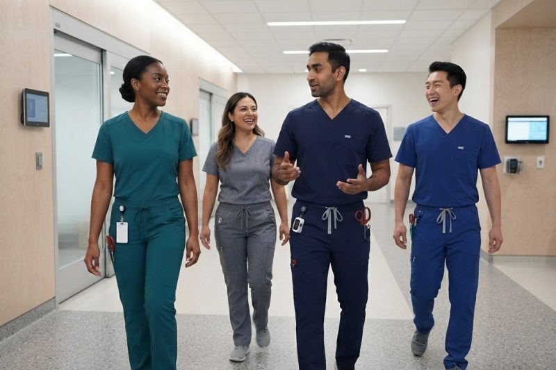 Nurses wearing comfortable professional scrubs during an active hospital shift