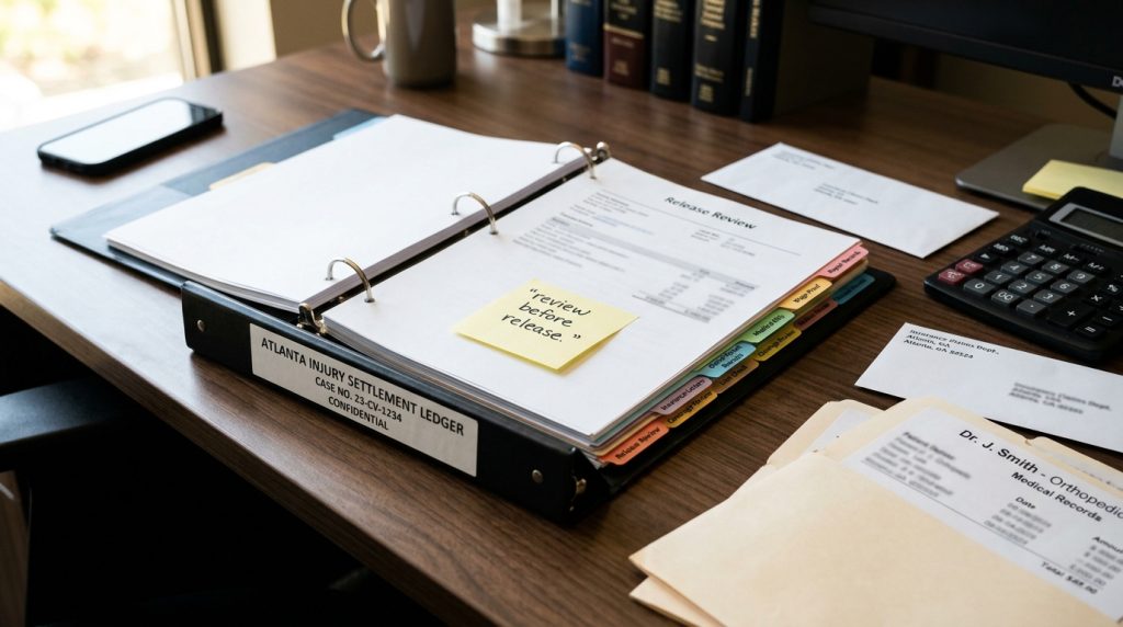 Atlanta injury settlement value ledger with repair records wage proof medical bills out of pocket receipts insurance letters lien check coverage review and release review tabs