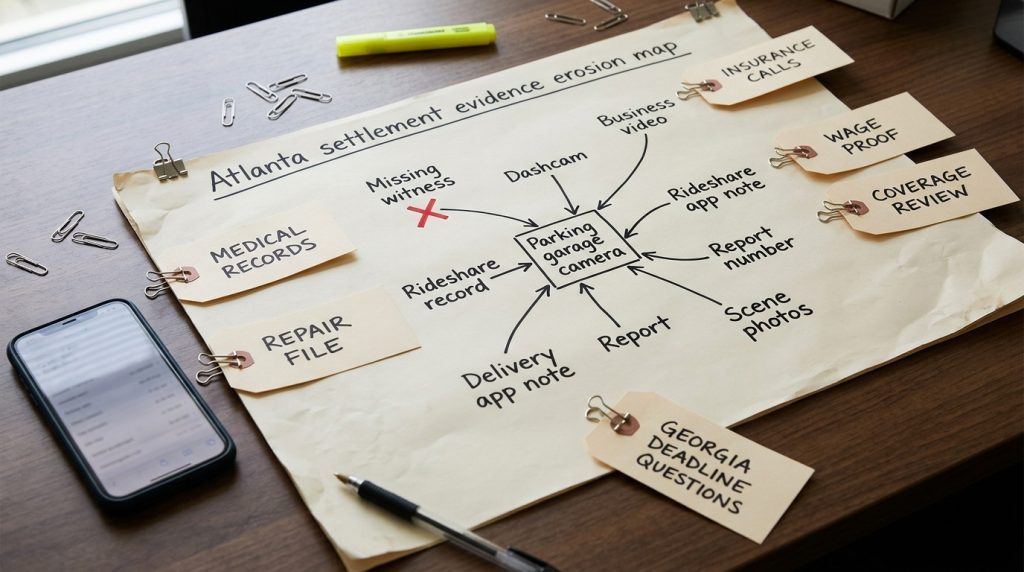 Atlanta settlement evidence erosion map with missing witnesses dashcam business video parking garage camera rideshare record report number and scene photo notes