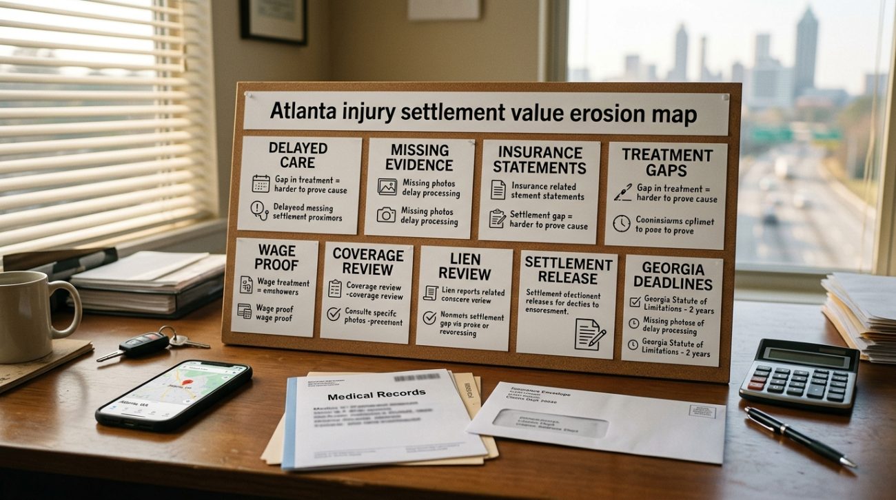 Atlanta injury settlement value erosion map with delayed care missing evidence insurance statements wage proof lien review settlement release and Georgia deadline notes