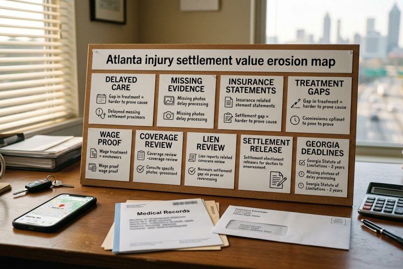 Atlanta injury settlement value erosion map with delayed care missing evidence insurance statements wage proof lien review settlement release and Georgia deadline notes