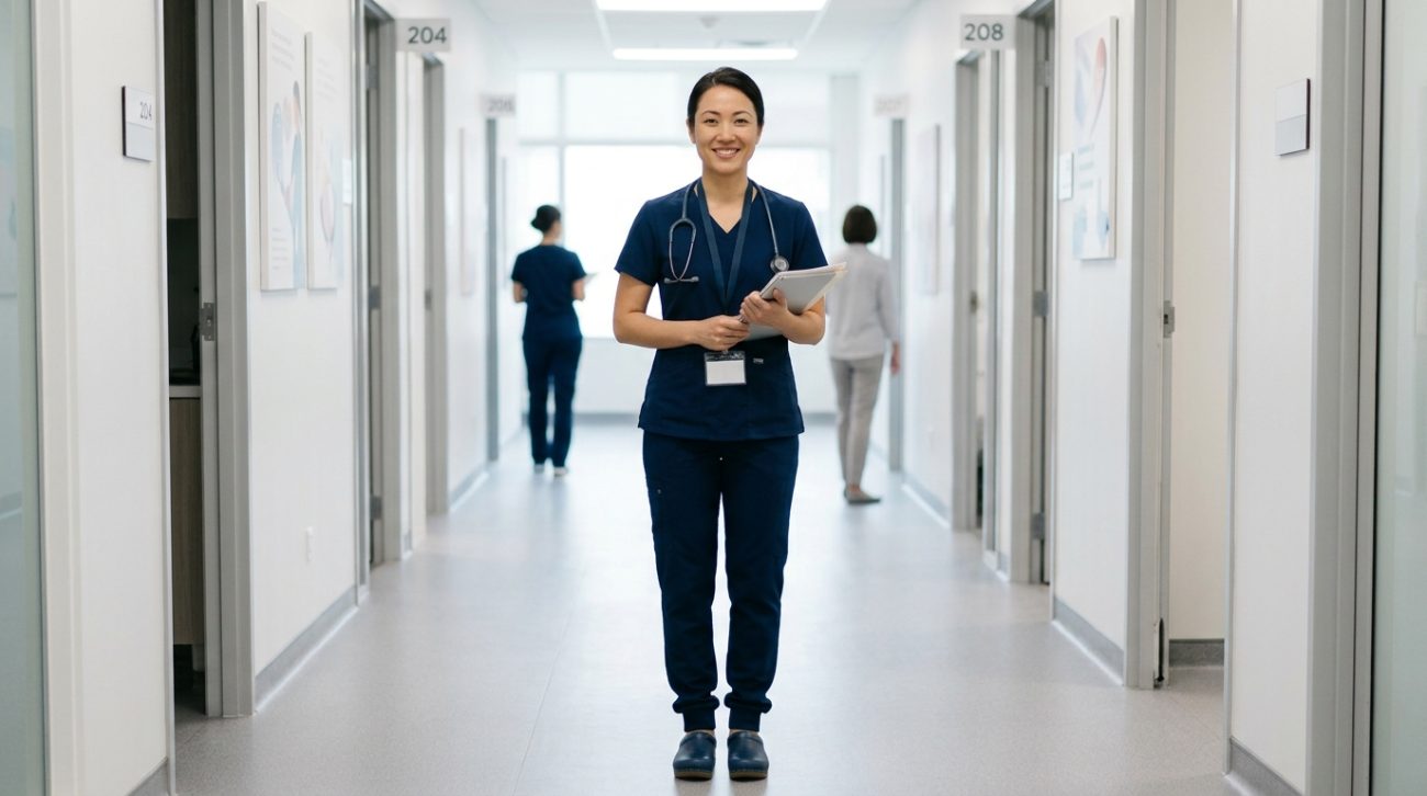 Female healthcare worker wearing professional medical scrub pants