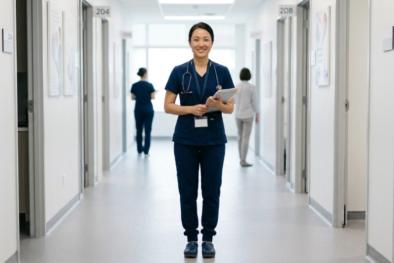 Female healthcare worker wearing professional medical scrub pants