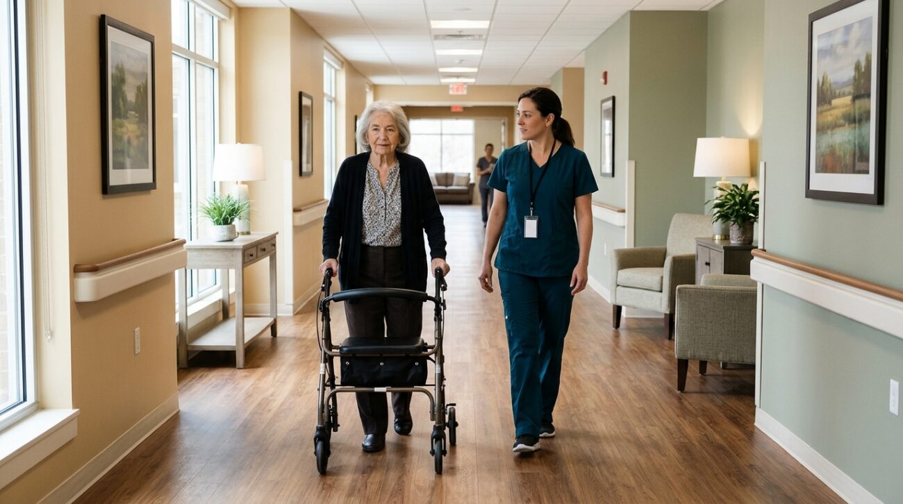 Nursing home caregiver supervising an older resident at risk of wandering in a long-term care facility