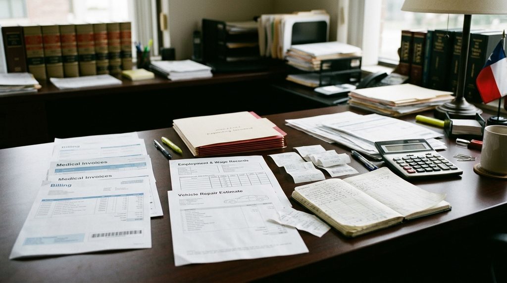 Fort Worth injury claim financial documentation showing medical bills, wage records, repair estimates, and accident-related expenses