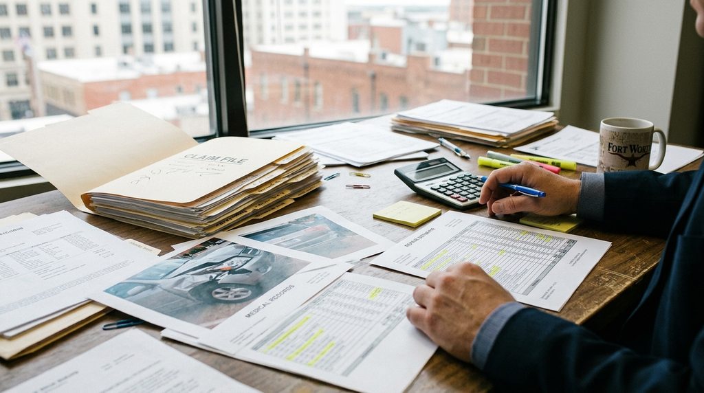 Fort Worth insurance claim review showing an adjuster-style document review, medical records, accident photographs, and settlement paperwork