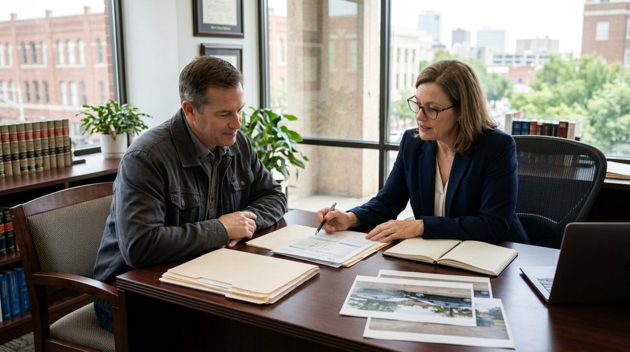 Fort Worth personal injury settlement consultation showing accident documentation, medical records, and a lawyer reviewing a potential injury claim with an injured client