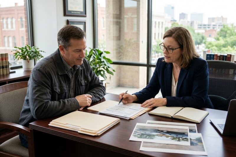 Fort Worth personal injury settlement consultation showing accident documentation, medical records, and a lawyer reviewing a potential injury claim with an injured client