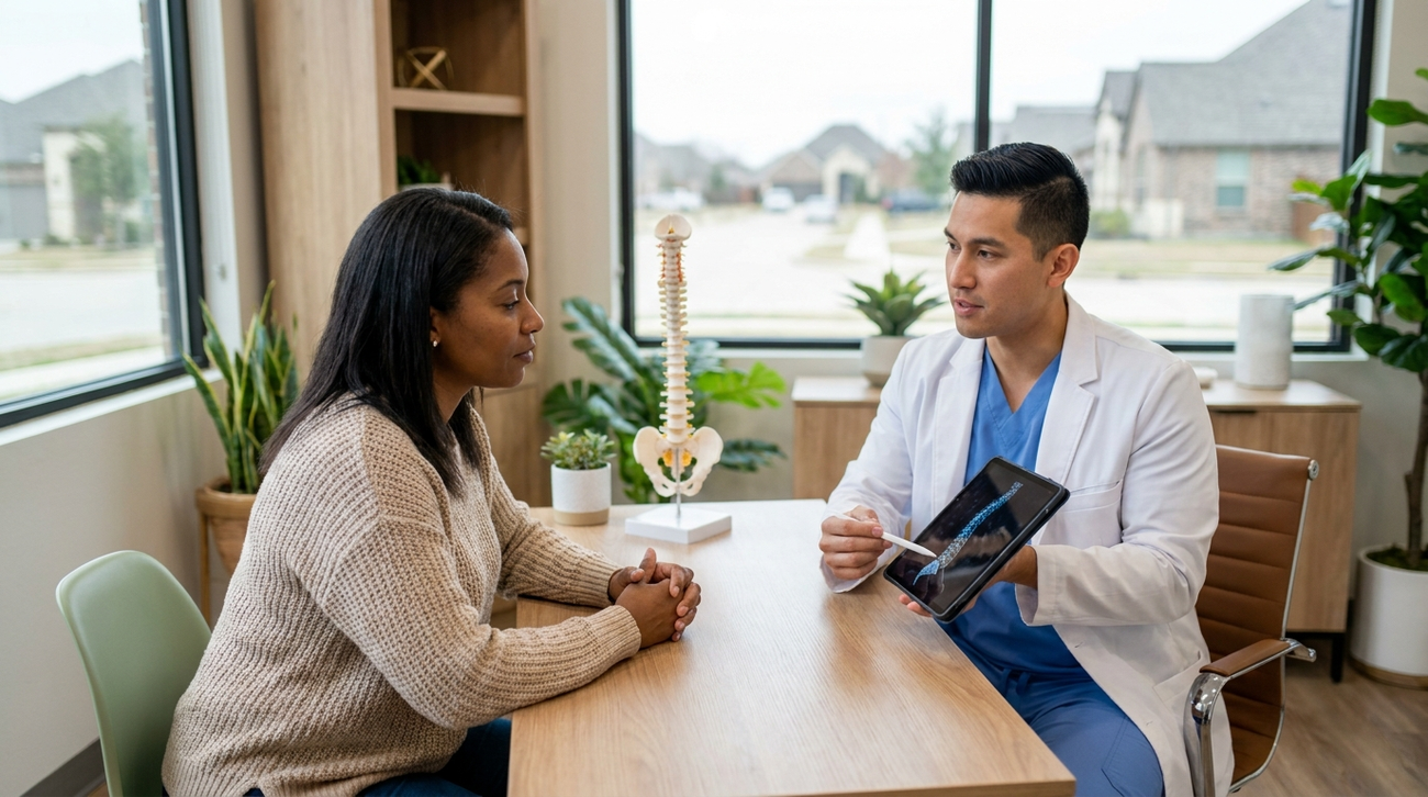 Chiropractor discussing spinal alignment and mobility with a patient in DeSoto